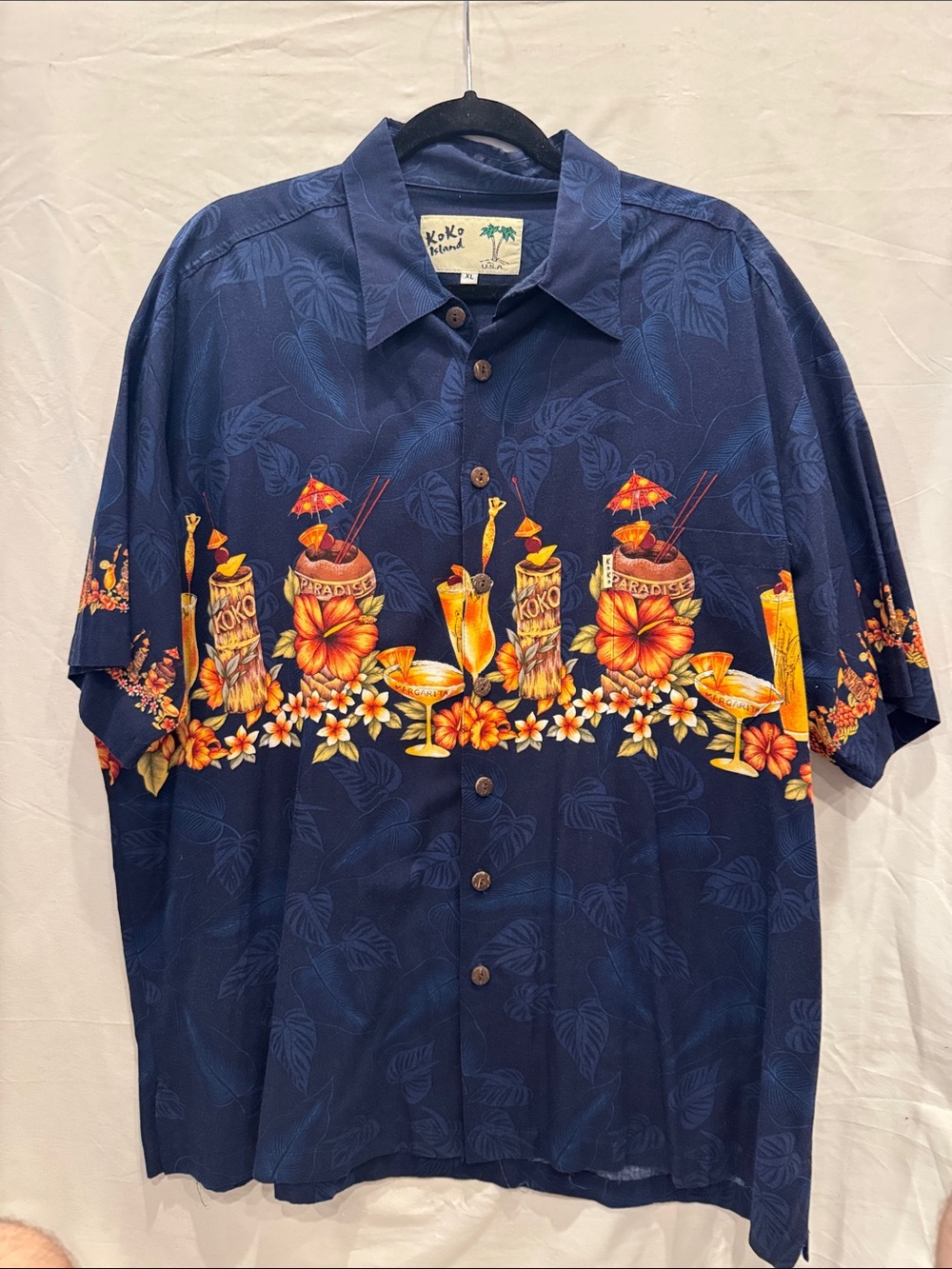 Vintage Navy Hawaiian Camp Shirt with Orange Tropical Drink Print
